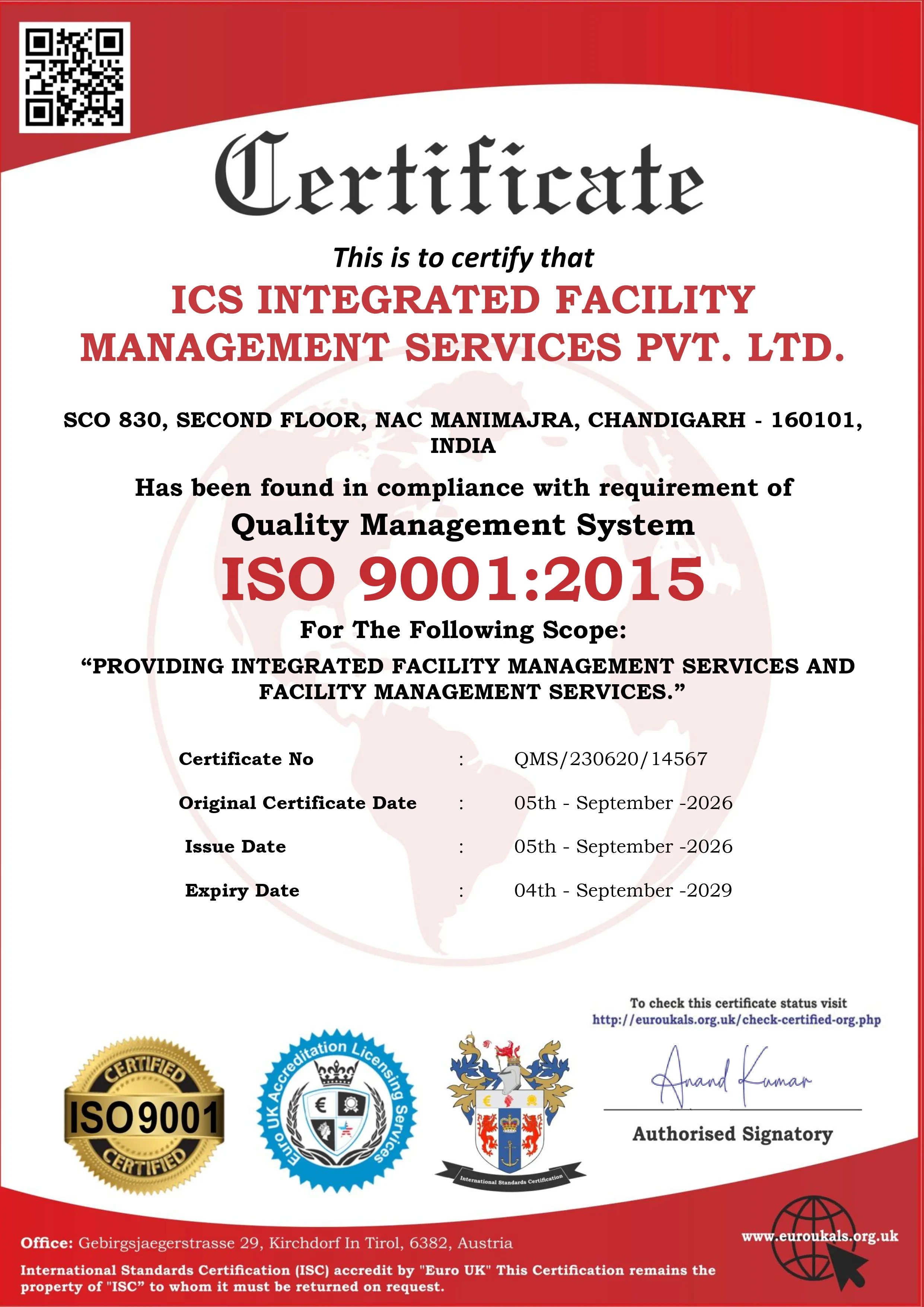 ICS ISO 9001 quality management system certificate